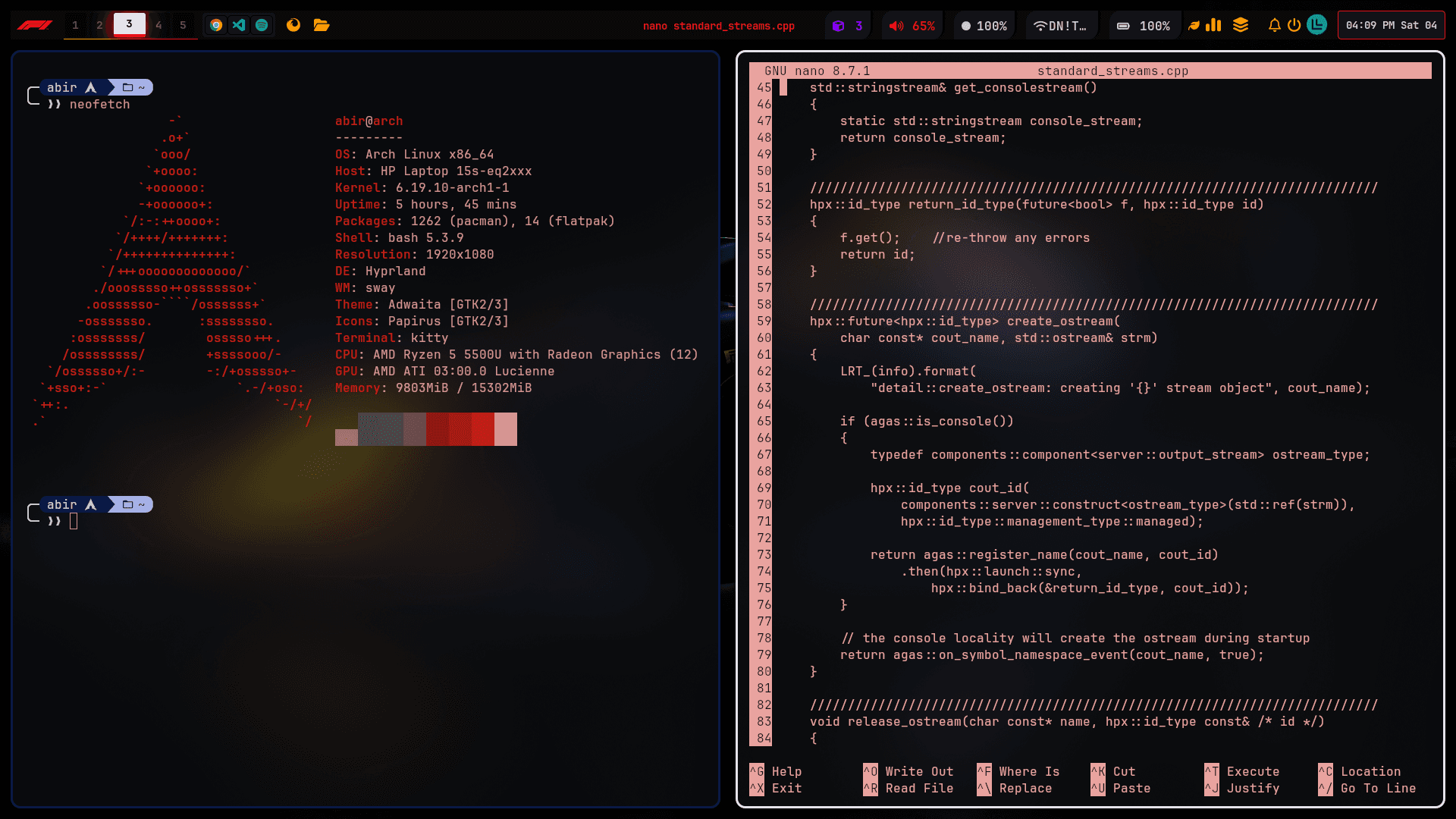Terminal showing neofetch and C++ HPX code